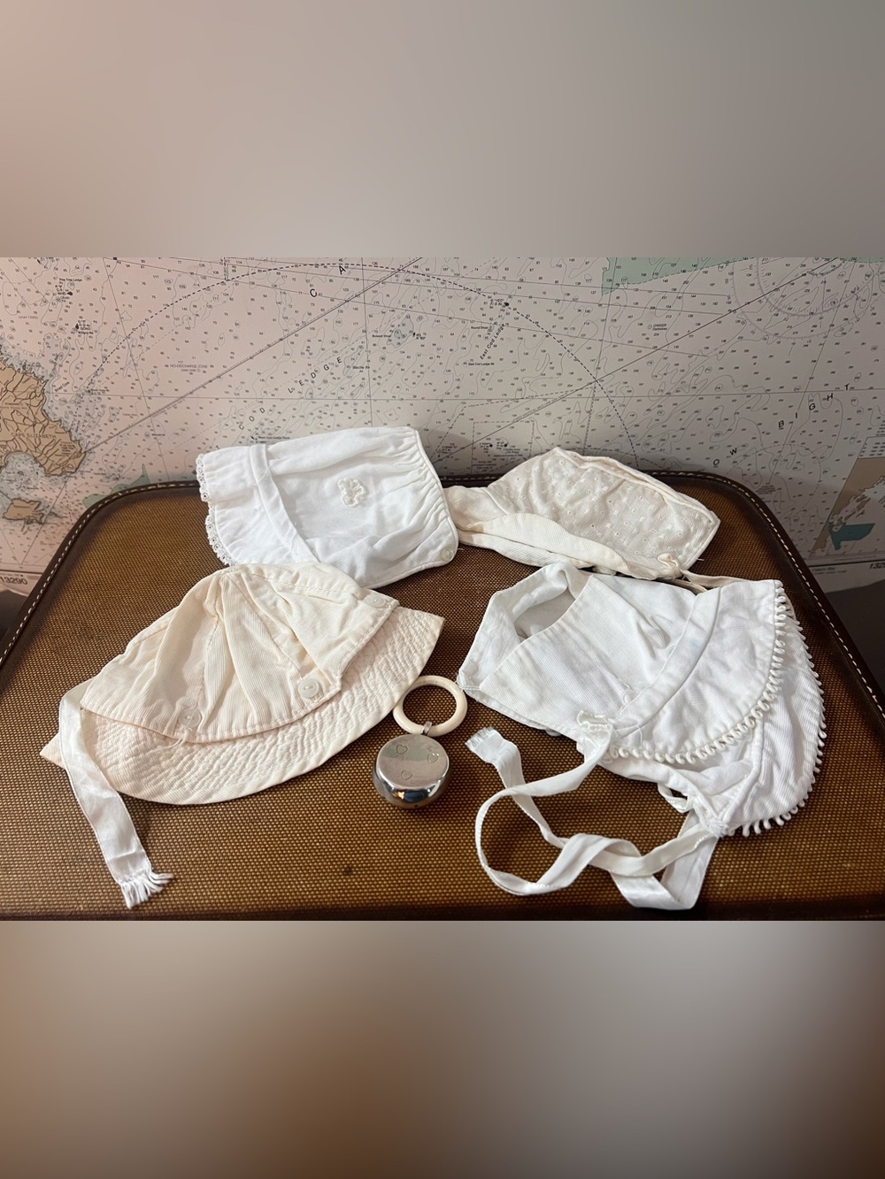 Vintage Baby/doll Bonnets Lot Of Four Plus Bonus Silver Plated Baby Rattle